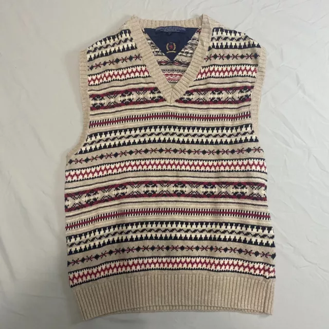 VTG Tommy Hilfiger Sweater Vest Mens Large Striped Red Cream Grandpa Core Knit
