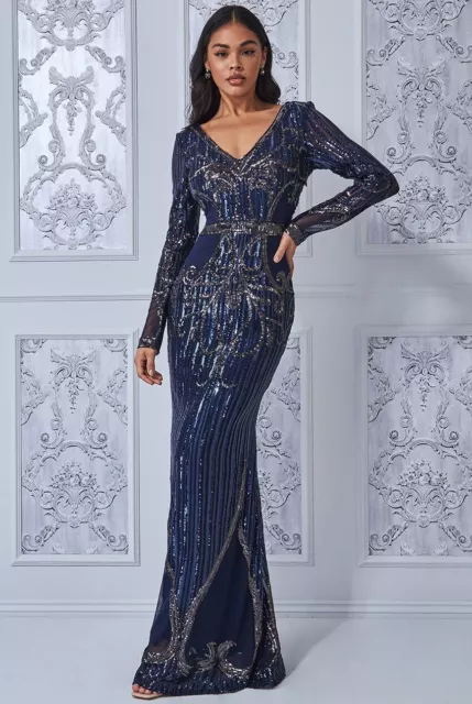 Goddiva Sequin Swirl Maxi Long Sleeve Formal Evening Dress Prom Party RRP £120