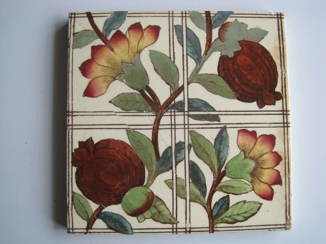 Antique Print & Tint Fruit & Flowers Tile - Decorative Art Tile Co? Repaired