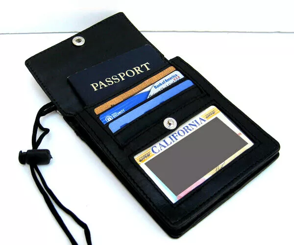 BLACK GENUINE LEATHER PASSPORT ID Holder Pouch Wallet Neck Strap Organizer