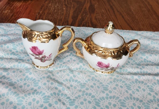 Vintage Jollis Salvream Bavaria Porcelain Gold Trimmed Floral Creamer Sugar Bowl