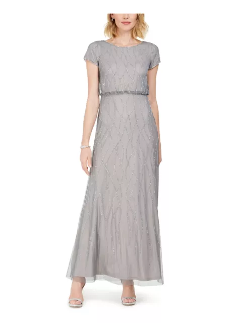 ADRIANNA PAPELL Womens Silver Short Sleeve Full-Length Evening Blouson Dress 8