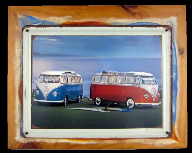 BEACH Style Combi Vans Picture on Tin Metal with Distressed Wood Frame 48x38cm