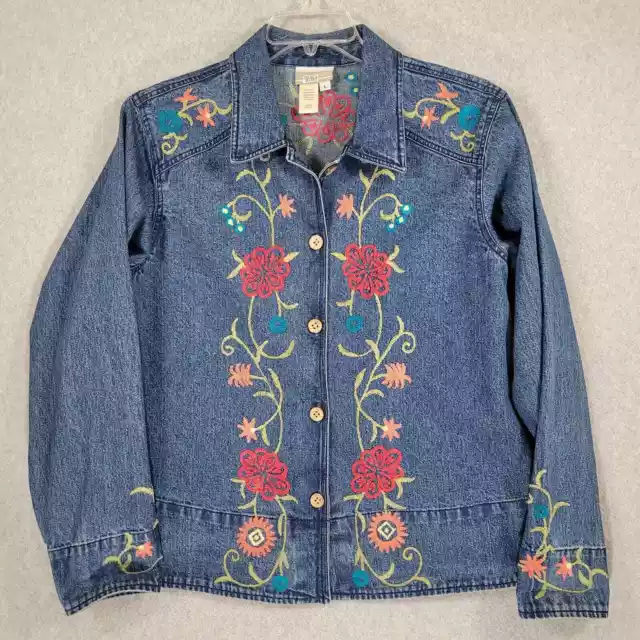 Coldwater Creek Denim Jacket Large Embroidered Flowers Cotton Blue