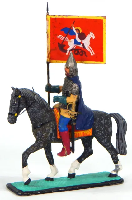 Knight On Horse Back Lead Figure Hand Painted Metal Flag Soldier Vintage Toy