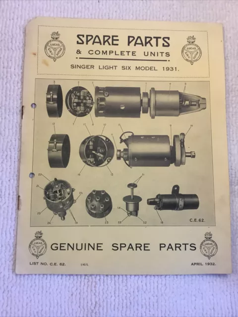 Morris Isis Model Lucas CAV Rotax illustrated Spare Parts List No. CE 62.  1932