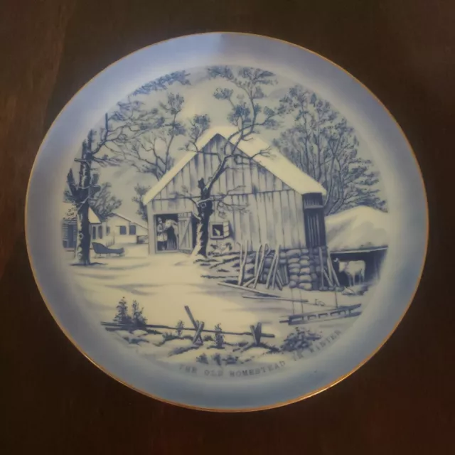 Currier & Ives “THE OLD HOMESTEAD IN WINTER” Collectors Plate in Blue Japan Gold