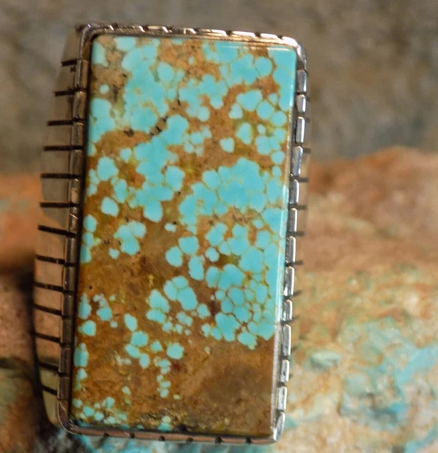 Mens New Sterling # 8 Nevada Turquoise Inlay Ring Size 10 Navajo Ray Jack