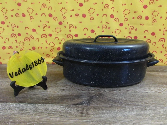 VINTAGE Blue Speckled Enamel/Granite Ware Small Oval Roasting Pan w/Lid 12x8x5"