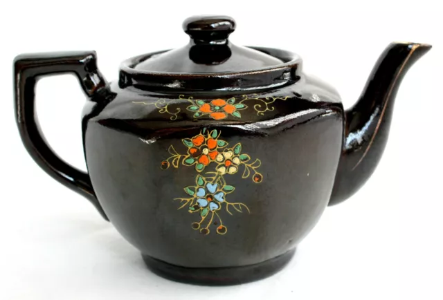 Vintage Made in Japan Glazed Earthenware Tea Pot Hand Painted Floral Brown w Lid