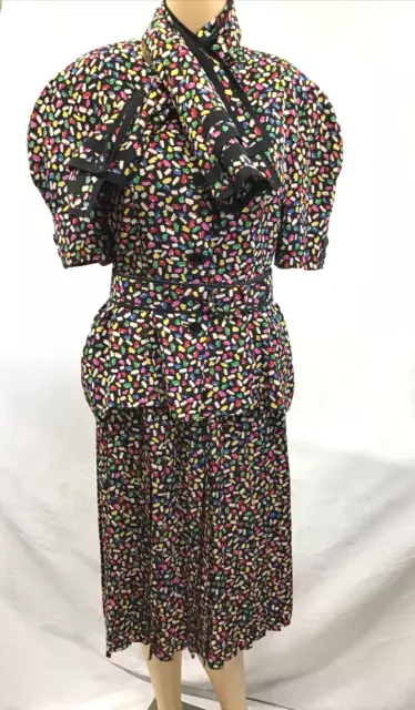 Albert Nipon Vintage Silk 2pc Dress Black Confetti With Scarf & Belt Size 8