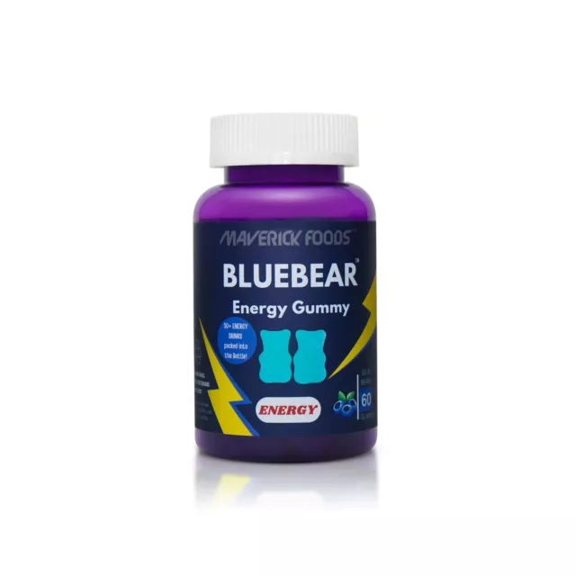 BlueBear Guarana Caffeine Energy Gummies 60 Per Bottle  | Delicious Blueberry