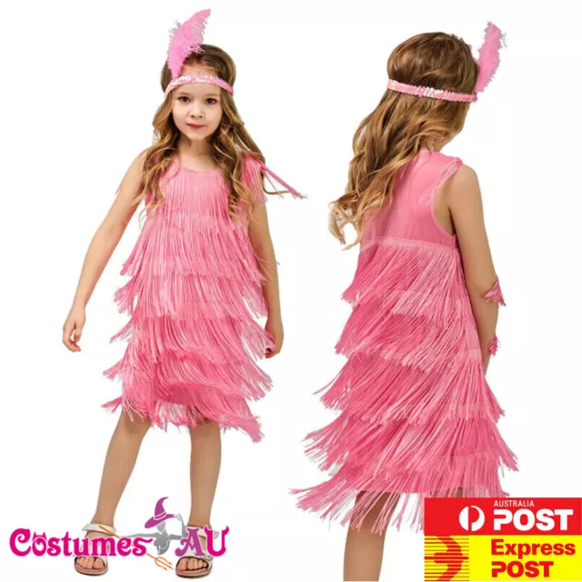 Girls 20s Gatsby Costume 1920s Child Kids Pink Flapper Charleston Fancy Dress