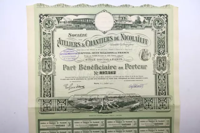 Russian Bond Ateliers Et Chantiers De Nicolaieff Part Beneficiaire 1911 +Coupons