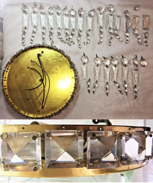 VINTAGE MCM CRYSTAL glass prism brass ceiling light fixture chandelier