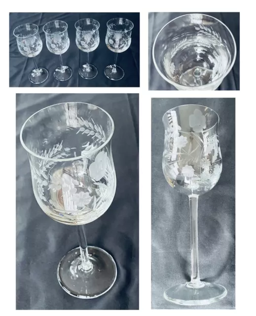 VINTAGE Crystal Wine Glasses ETCHED FLORAL 6 oz. Clear 4-Piece Set