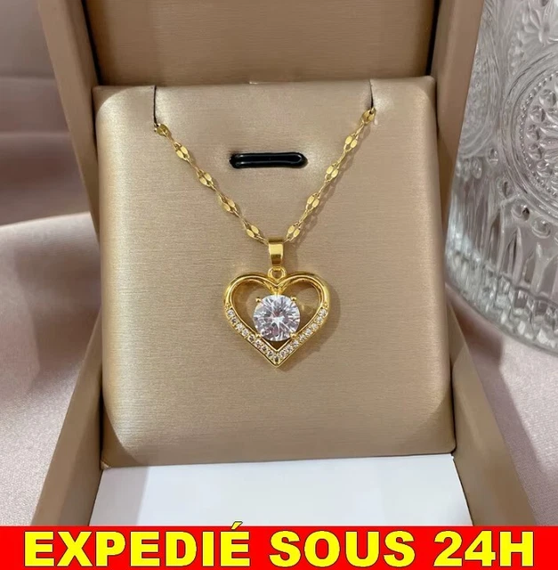 Collier Avec Pendentif Cœur Gravé "Love" En Acier Inoxydable Doré - Longueur 45 Cm, Neuf Sous Pochette