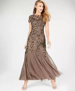 Adrianna Papell Women's Dress Sz 2 Floral-Design Embellished Gown Brown