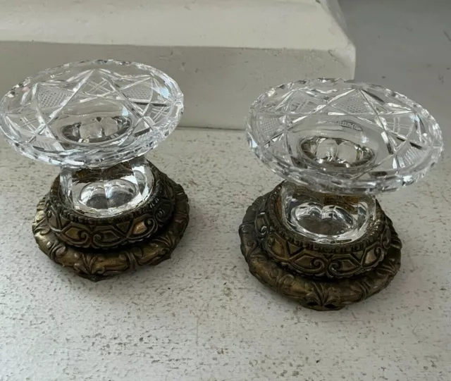 VTG French Pair Candle Holders Crystal Etched Glass, Gold Metal foot Base Ornate