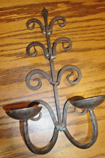 Vtg  MCM 11" Cast Iron Double Arm Wall Mount Candle Sconce~Ornate Scrolled   847