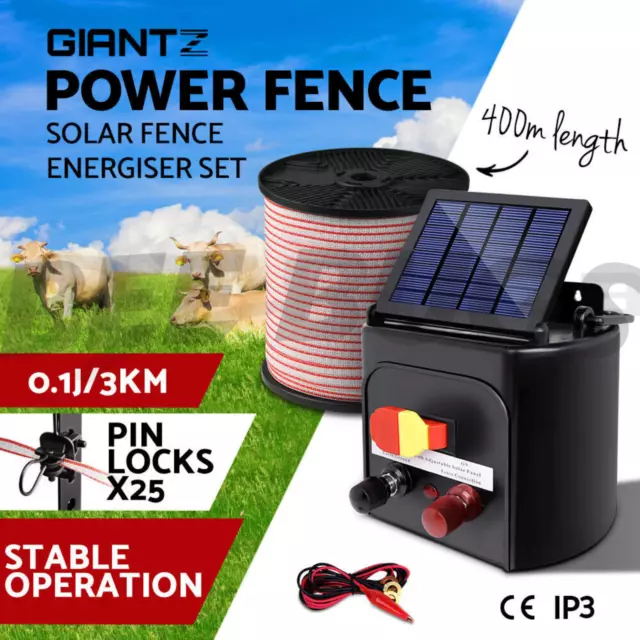 Giantz 3km Solar Electric Fence Energiser 400m Wire Tape Energizer Battery