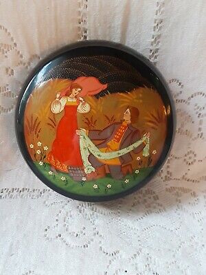 Antique Russian Lacquer Box Round  metal Hand Painted ~ Woman man Garden 5" x 2"