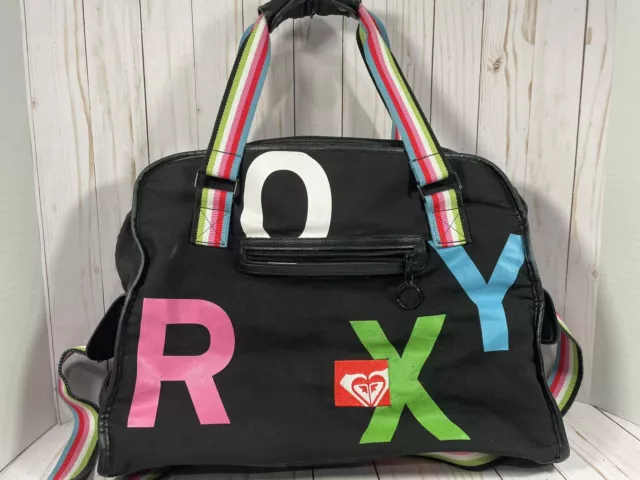 Roxy Duffle Bag Gym Dance Sports Logo BLack Rainbow Shoulder Strap Vintage Style 2