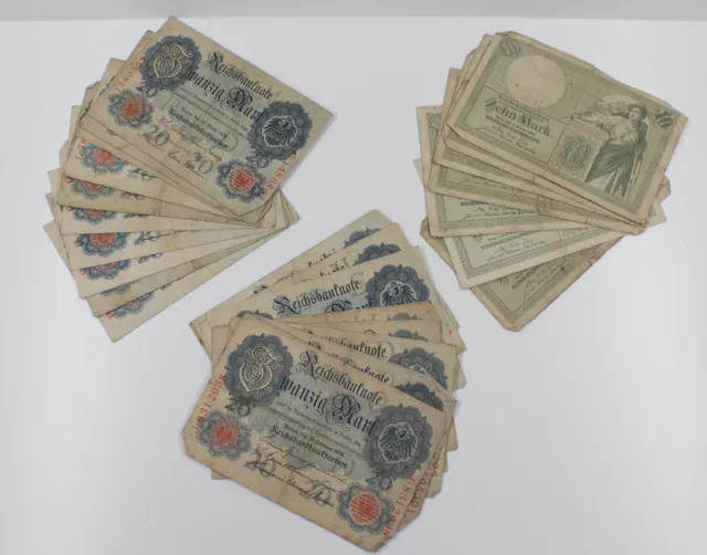 Konvolut 17x Reichsbanknote 20 Mark 1906-1914 + 8x Reichskassenschein 10 M. 1906