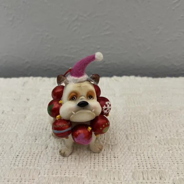 Boxer/Bulldog Dog Wrapped in bell ornaments - Ceramic Christmas ornament