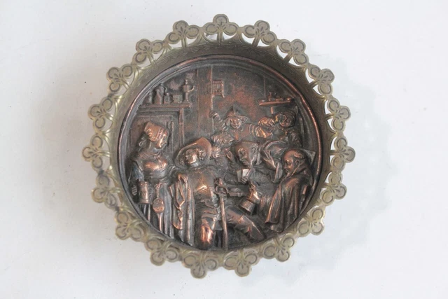 MÉDAILLON BAS RELIEF cuivre Taverne Joueurs de cartes XIXe siècle