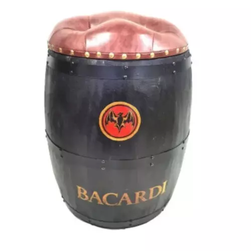 Bacardi Drink Wood Barrel Storage Seat Chair Stool Faux Leather Bar Wooden 47cm
