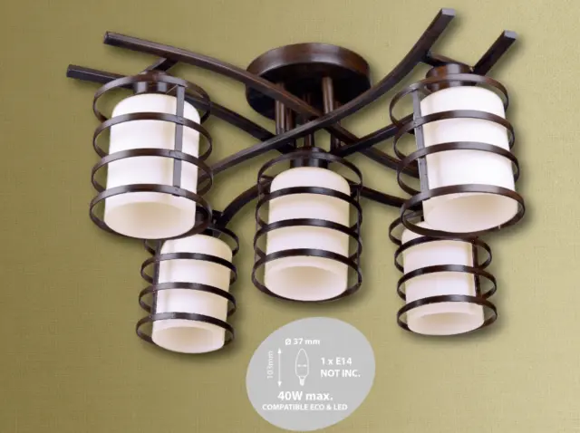 Abakus 5 Way Ceiling Light Chandelier White Glass in Brown Rustic Brass