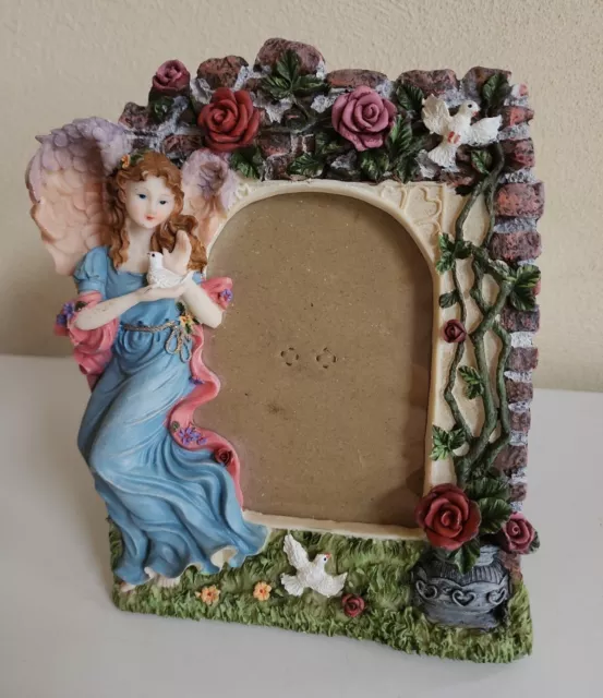 VTG Beautiful Angel Picture Frame Holds 4x6 Photo Dove Floral Rose Design