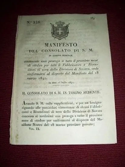 Regno Sardegna Torino Manifesto del Consolato Fabbricatori Cera Novara 1841