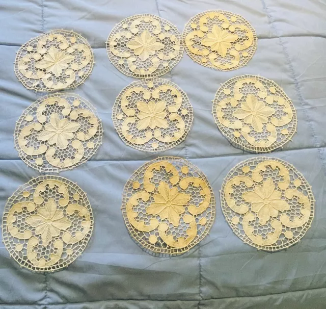 Point de Venise Needle Lace Doily 6” Ivory Handmade Coasters Set of 9 Vintage