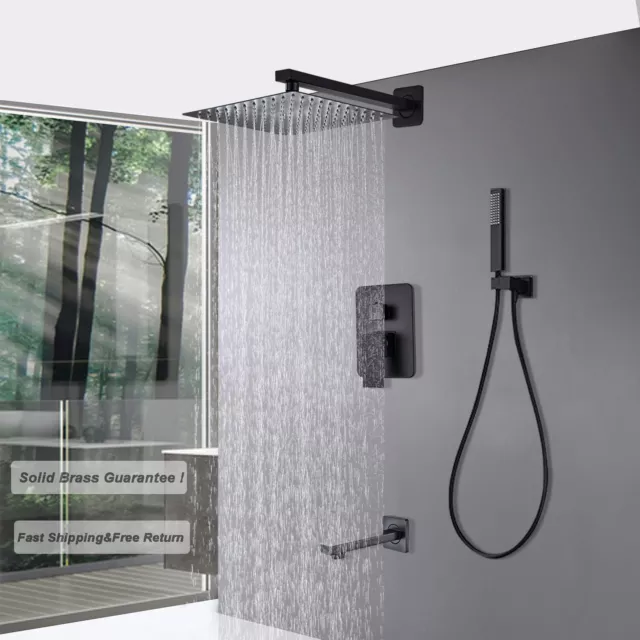 Shower Faucet Set 12" Rain Shower Head Combo Sprayer Tub Spout Mixer Valve Black
