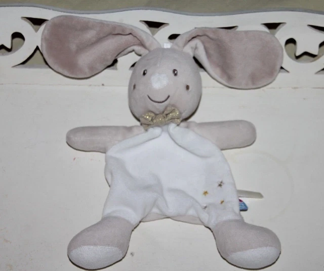 Doudou Sucre D'orge Lapin Plat Blanc Beige Noeud Papillon Etoile Or Exc Etat