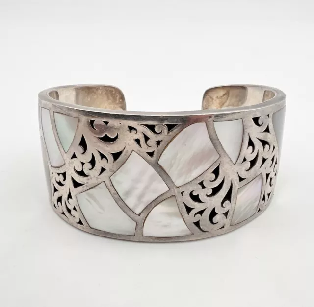 Lois Hill Sterling Silver & Mother Of Pearl Inlay Scroll Cuff Bracelet 62.5g Lois Hill Sterling Silver & Mother Of Pearl Inlay Scroll Cuff Bracelet 62.5g