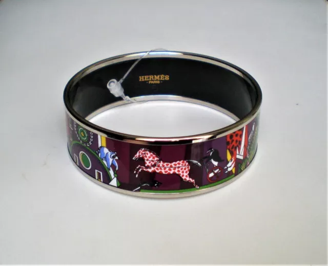 Hermes [BR03] Rose Flamingo Enamel & Palladium Charniere Uni Fin Narrow Bangle Bracelet Sz S New! - poupishop