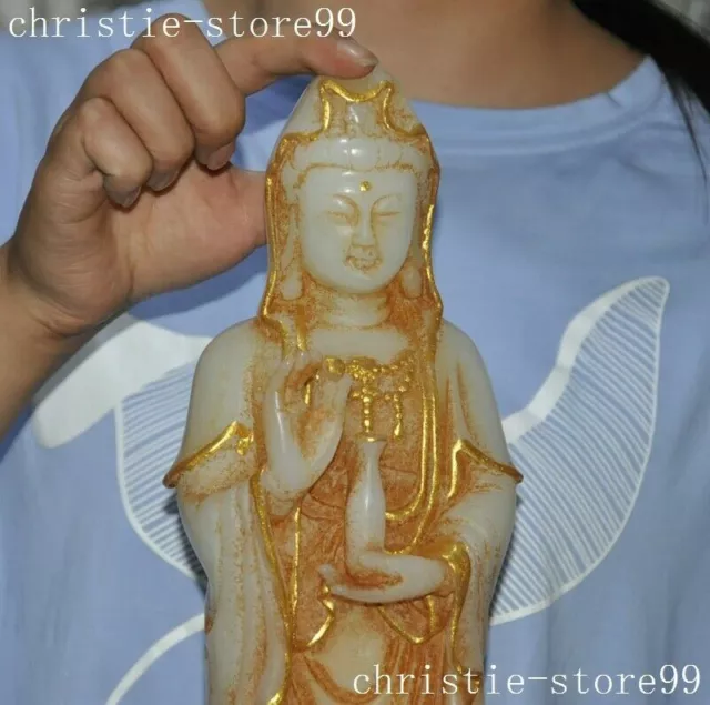 Chinese Buddhism old jade Gilt Carved Kwan-yin Guanyin Bodhisattva Buddha Statue 2