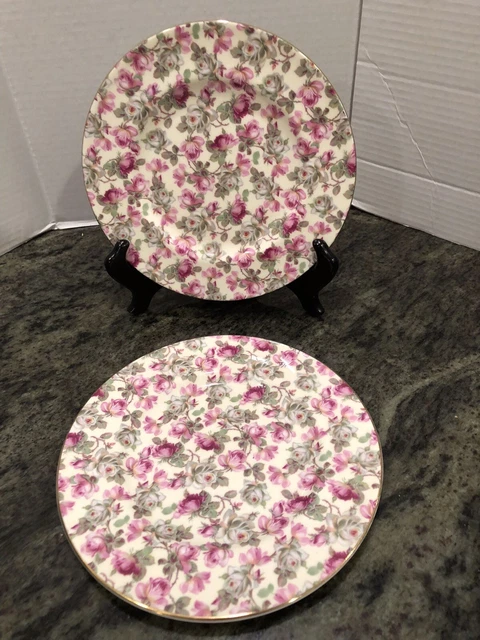 2 Royale Garden Staffordshire  Pink & White Rose Chintz  Salad Plates 7 3/4”