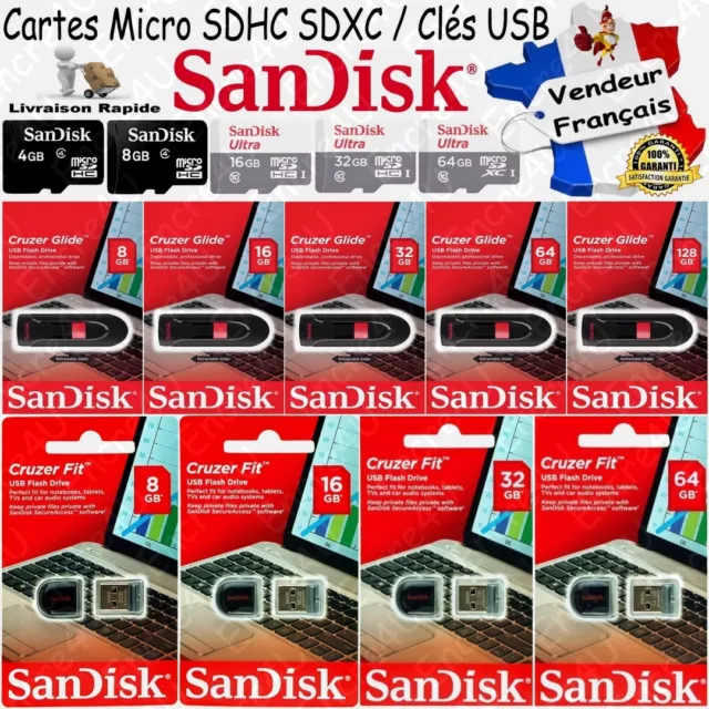 Clé USB SanDisk Cruzer Fit Nano ou Glide - Capacité : 4 8 16 32 64 ou 128 Go Gb