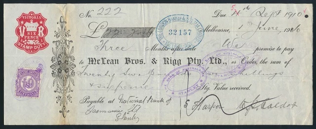 Australia: 1910 "McLEAN BROS & RIGG PTY LTD" £22/2/6d Time Note with DUTY STAMPS