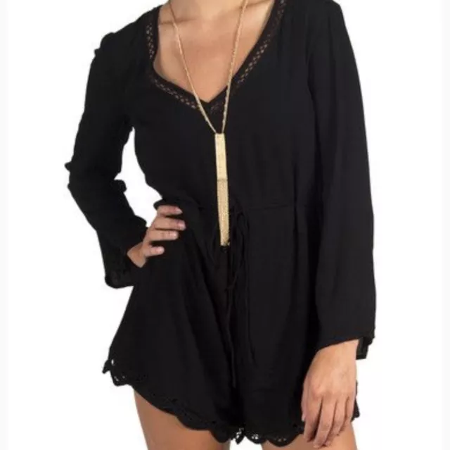 Lush Romper Small Black Long Sleeve Scalloped Hem Crochet Boho V-Neck Festival