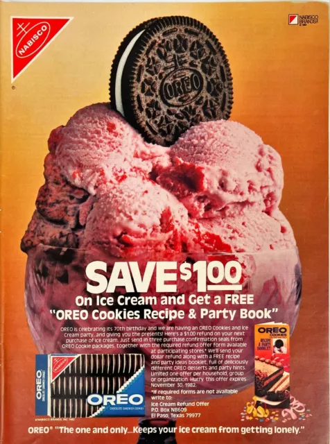 Oreo Chocolate Cookies Strawberry Ice Cream Recipe Vtg Magazine Print Ad 1982