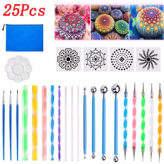 25Pcs Mandala Dotting Tools Rock Painting Kit Dot Art Pen Paint Stencil Brush UK