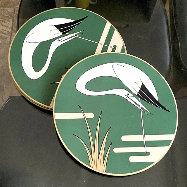 FAB Vintage 80's GREEN Metallic GOLD Crane BIRDS Design ROUND Placemats SET ~ 6