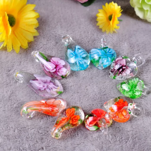 10PCS Heart Murano Drop Flower Lampwork Glass Bead Pendant Necklace Art Women Lp