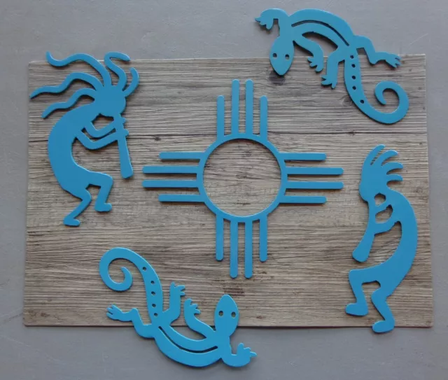 Set of 5 Zia Kokopelli & Lizard Pair Plasma Cut Metal Wall Art Turquoise Finish