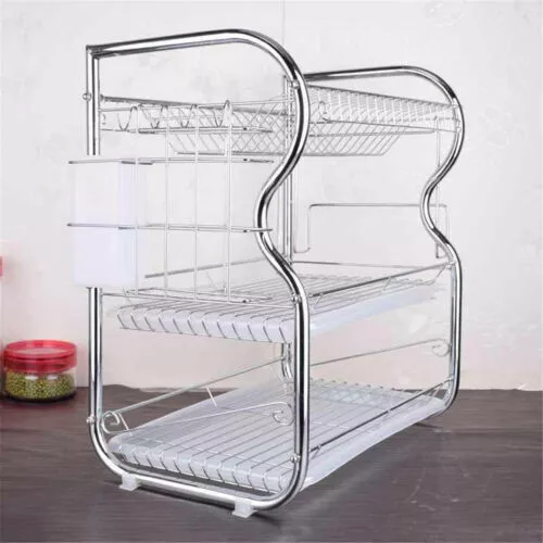 3 Tier Kitchen Dish Drainer Cutlery Cups Plates Holder Sink Draining Rack Tray 3